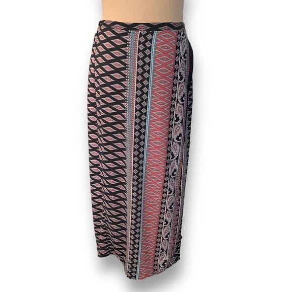Monteau Skirt Multicolored Black Tan Faux Wrap Boho Abstract Print Column Maxi - Picture 1 of 11